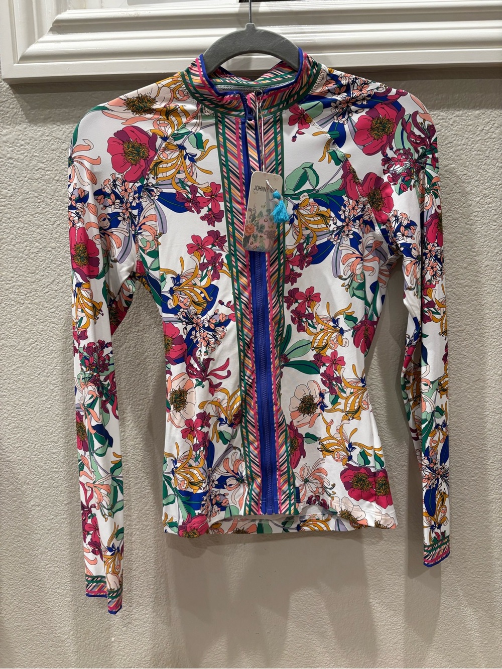 Johnny Was White Floral Zip-Front Long Sleeve Top with Pink & Green Accents